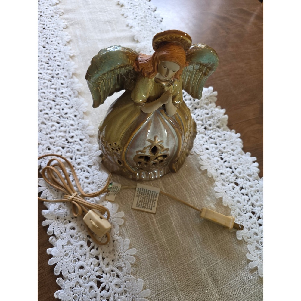 Vintage 2004 Iridescent Ceramic Praying Angel Light Figurine Gold Green 7.5in